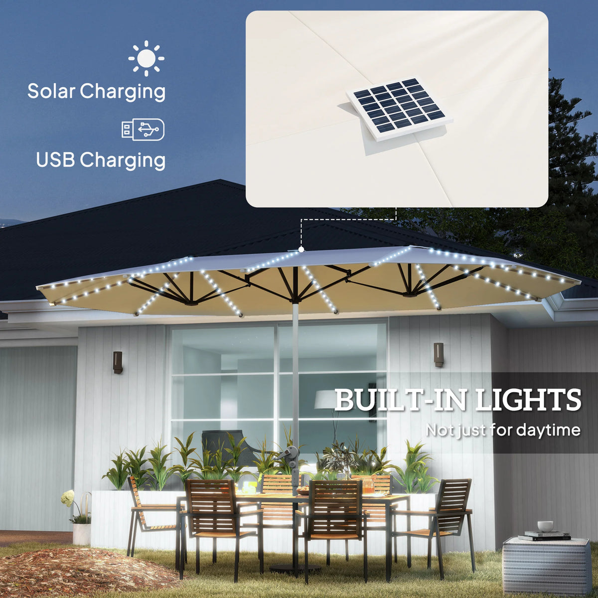 Outsunny 15 Foot Patio Umbrella With Solar Lights And Upf50