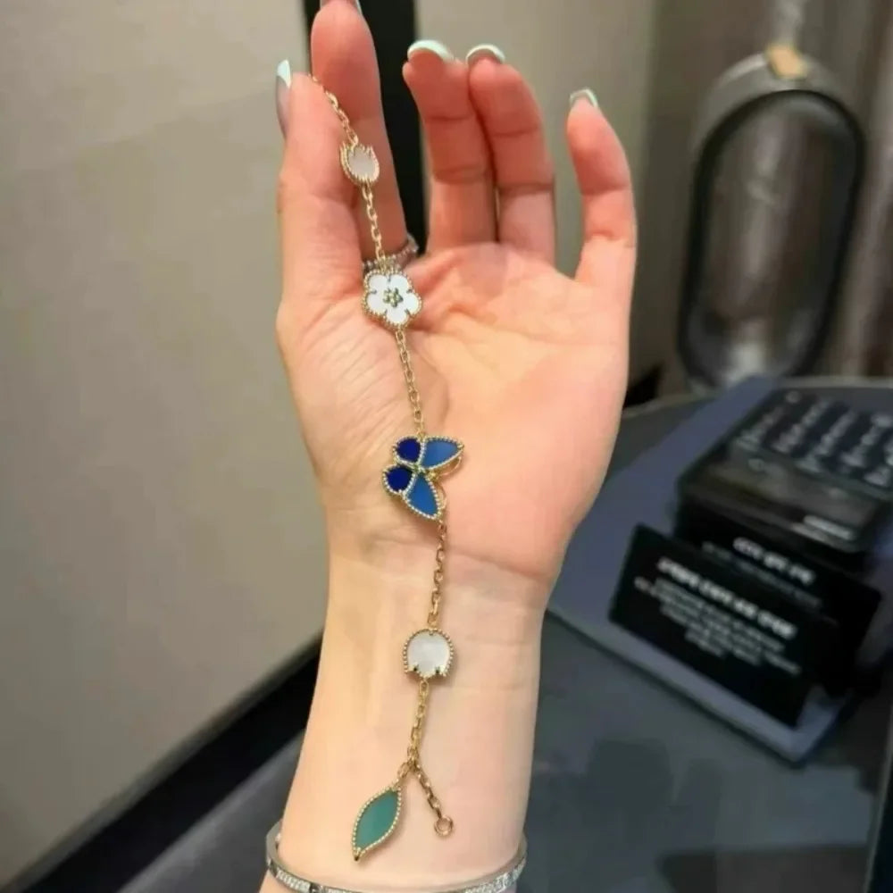 Retro Butterfly Flower Seashell Inlaid Chain Link Bracelet for Women