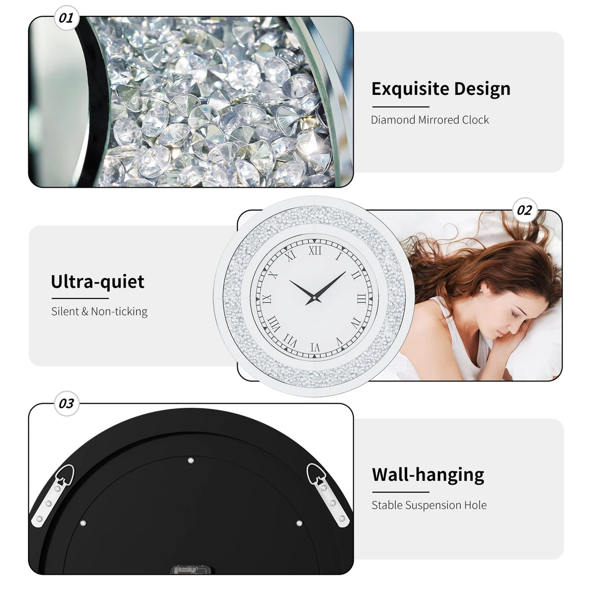 Crystal Diamond Mirror Wall Clock With Alarm Bedroom Home Decor