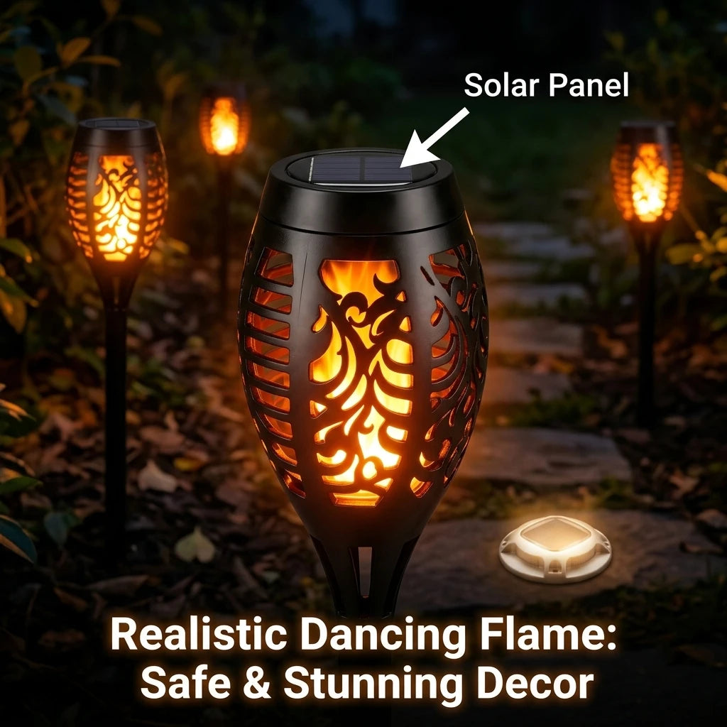 Solar Outdoor Flickering Flame Torch And Warm White Ground Lights
