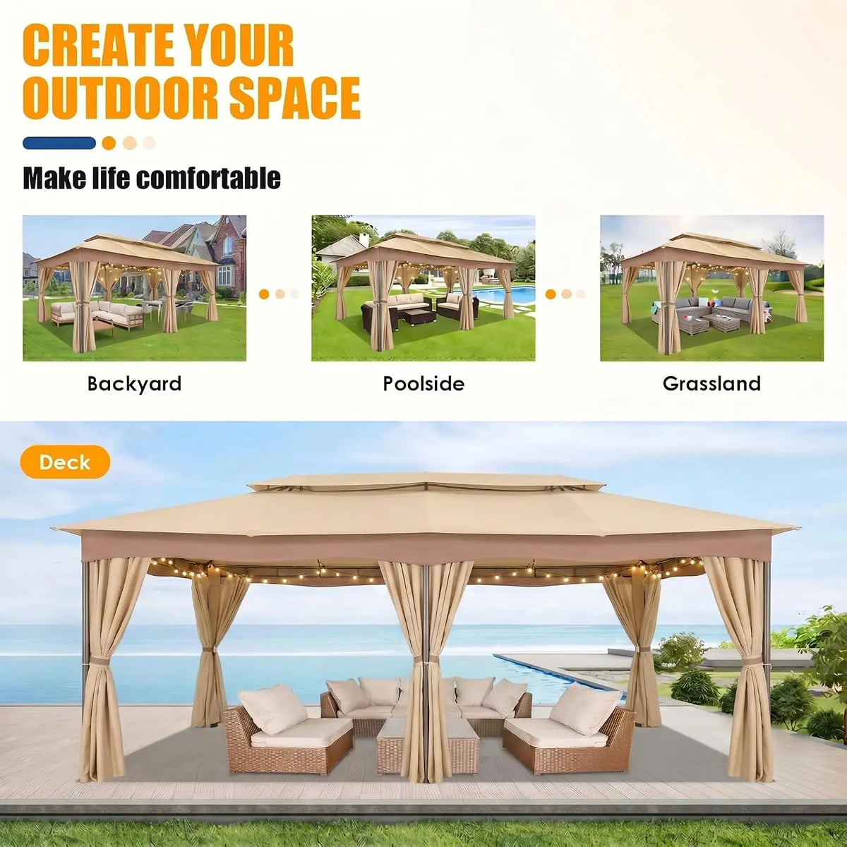 Tooluck Outdoor Gazebo with Curtains and Ventilated Double Roof Canopy