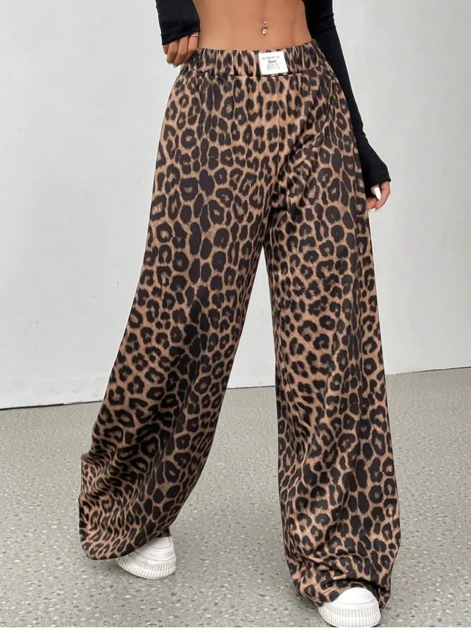 Womens Leopard Print Wide Leg High Waist Casual Trousers