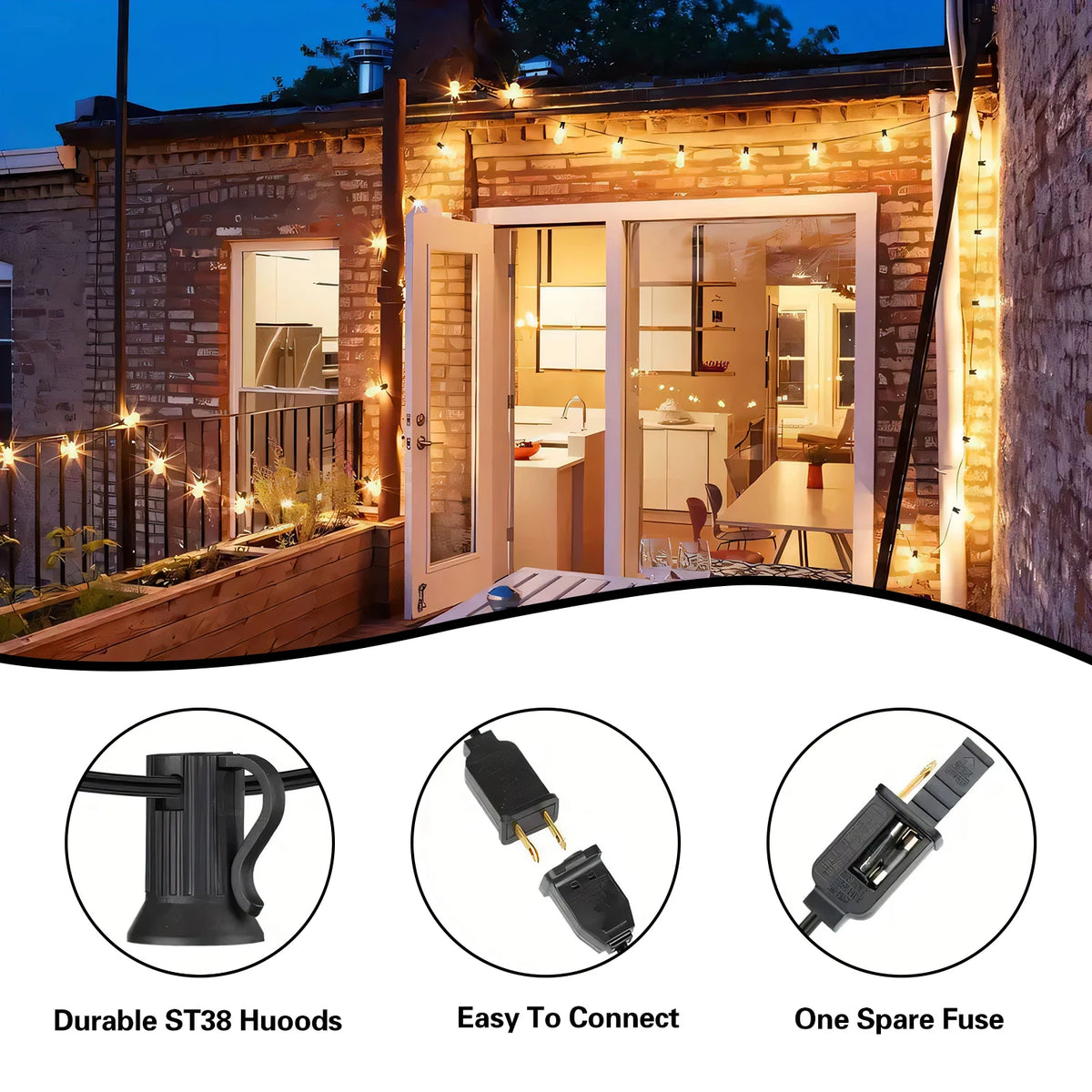 Solar Powered Outdoor String Lights With Warm White LED Bulbs