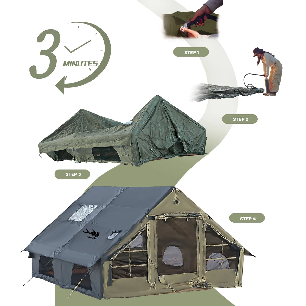Pakicetus Waterproof Inflatable Camping Tent Quick Setup Portable Carry Bag