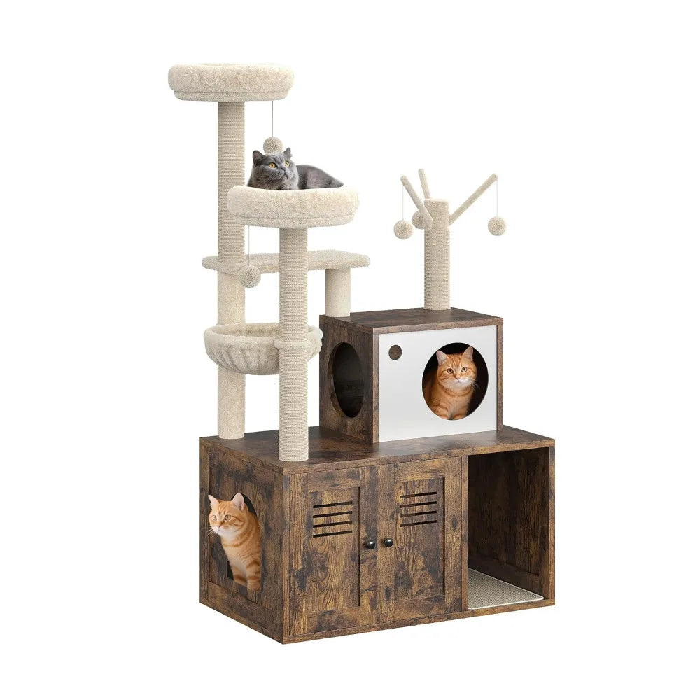 Modern Cat Tower With Hidden Litter Box And Scratching Posts