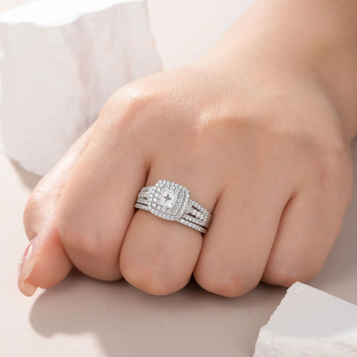 Newshe Sterling Silver Halo Wedding Ring Set Simulated Diamond