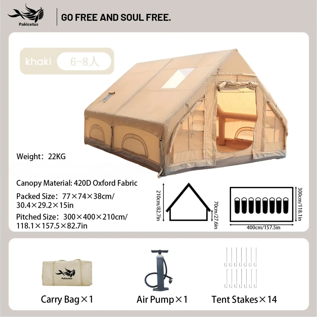 Pakicetus Waterproof Inflatable Camping Tent Quick Setup Portable Carry Bag