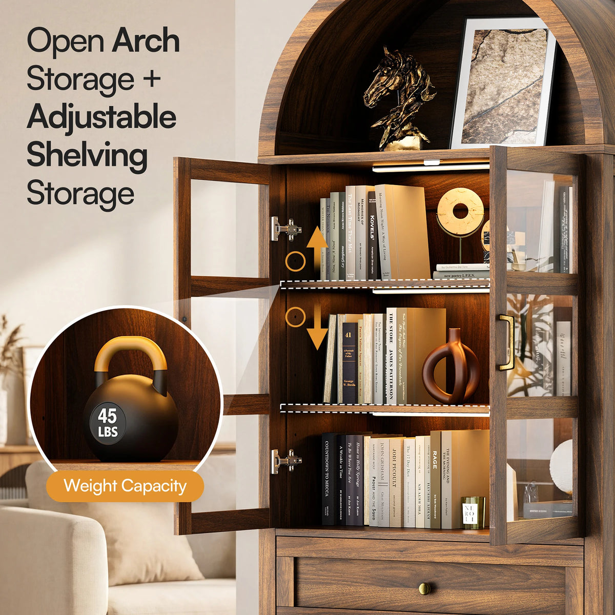 Cottinch Arched Storage Cabinet With Adjustable Shelves And LED Lighting