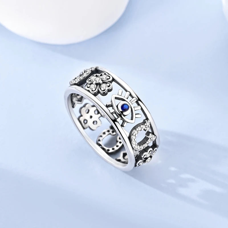 MULA Sterling Silver Evil Eye Clover Celtic Knot Wedding Band Ring