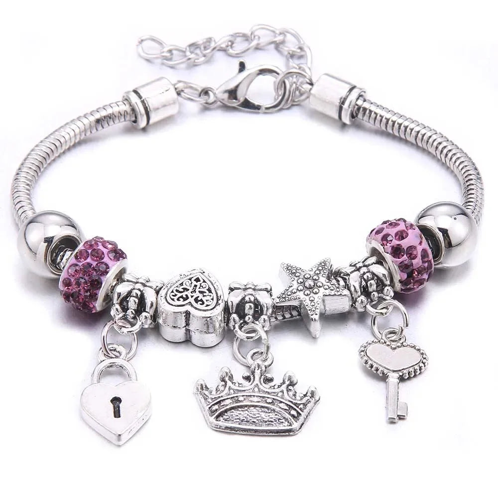 Elegant Butterfly Crown Beaded Charm Bracelet For Women