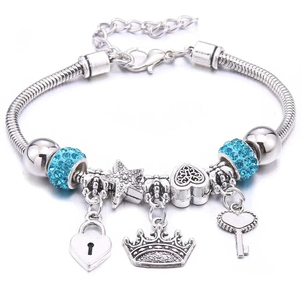 Elegant Butterfly Crown Beaded Charm Bracelet For Women