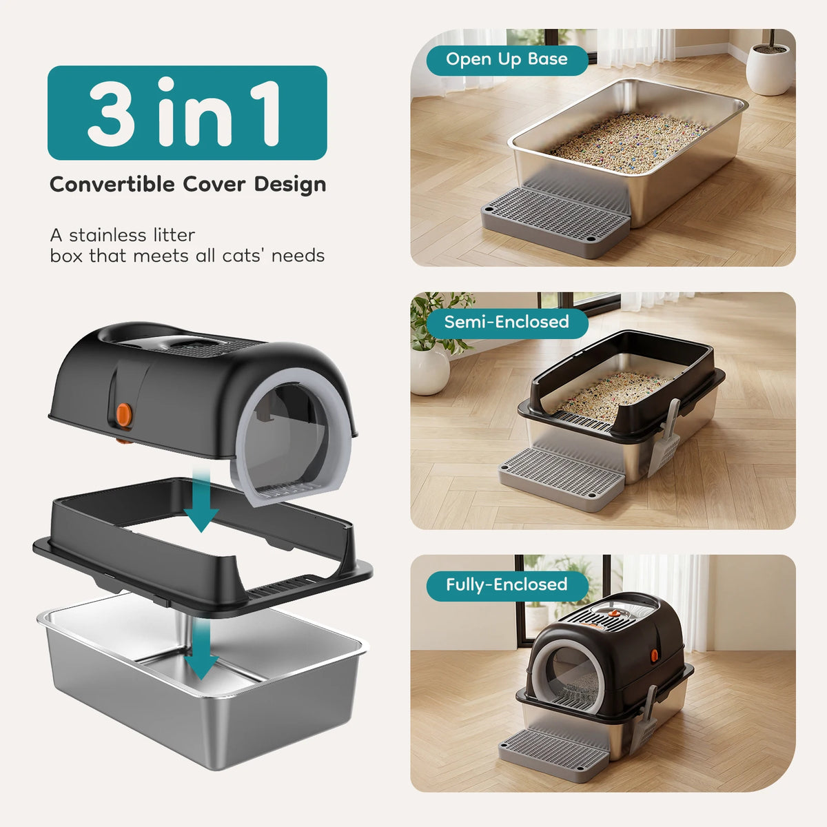 JHK Premium Fully Enclosed Stainless Steel Cat Litter Box