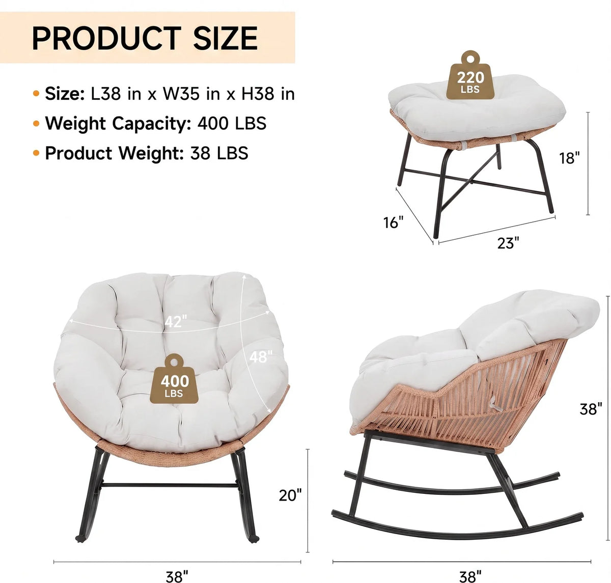 ONBRILL Rattan Papasan Rocking Chair And Ottoman Indoor Outdoor Lounge