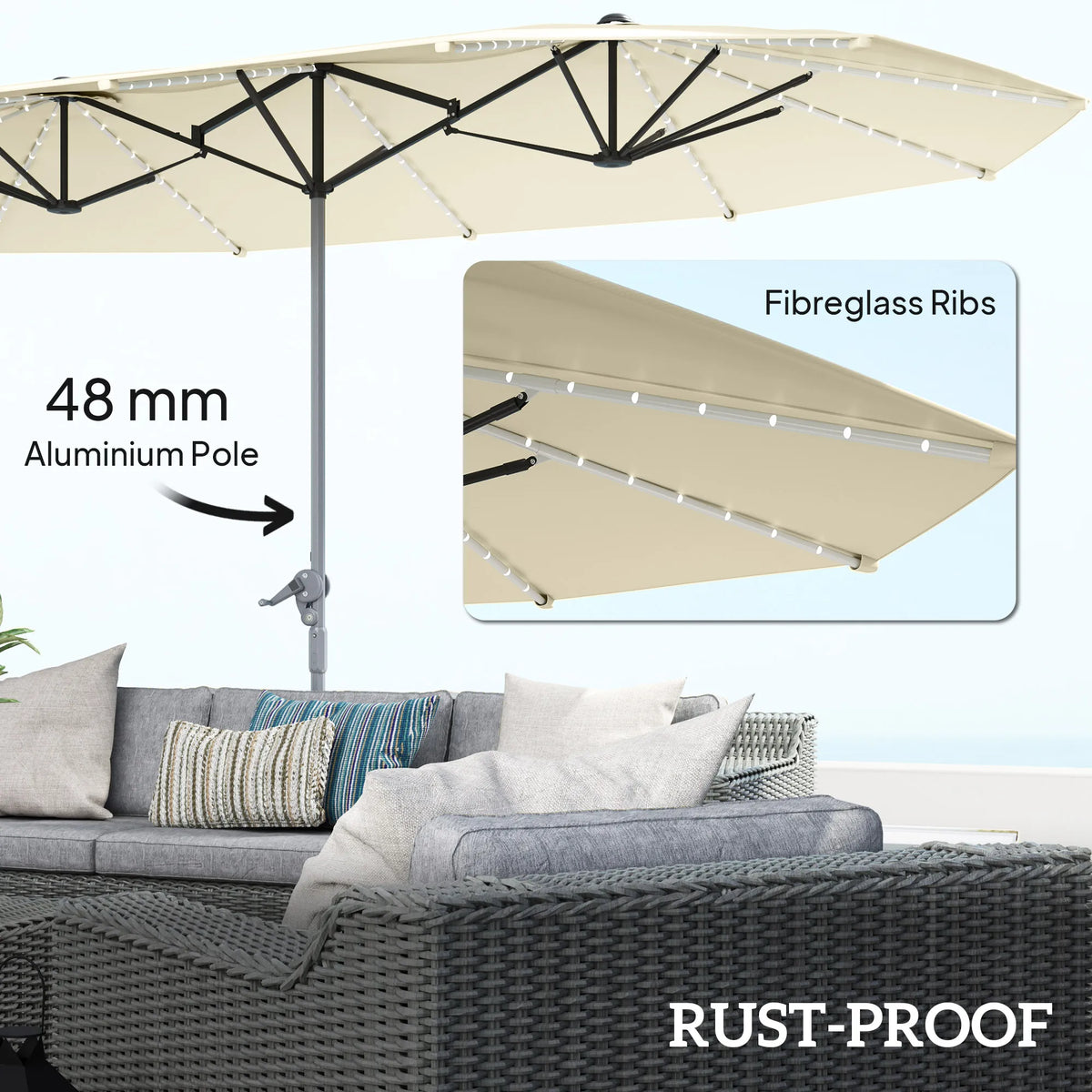 Outsunny 15 Foot Patio Umbrella With Solar Lights And Upf50
