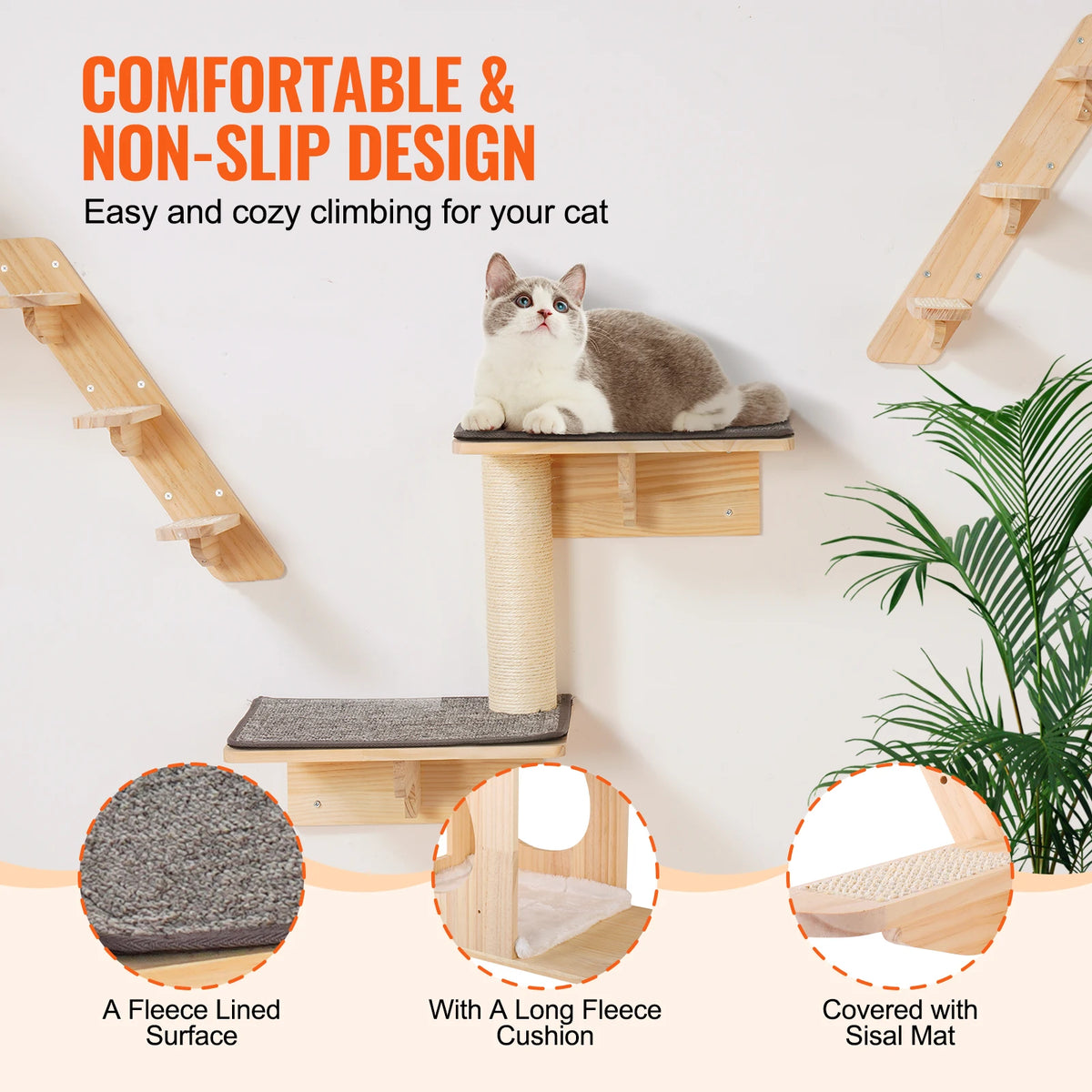 SucceBuy Wall Mounted Cat Shelves Wooden Jumping Board And Hammock