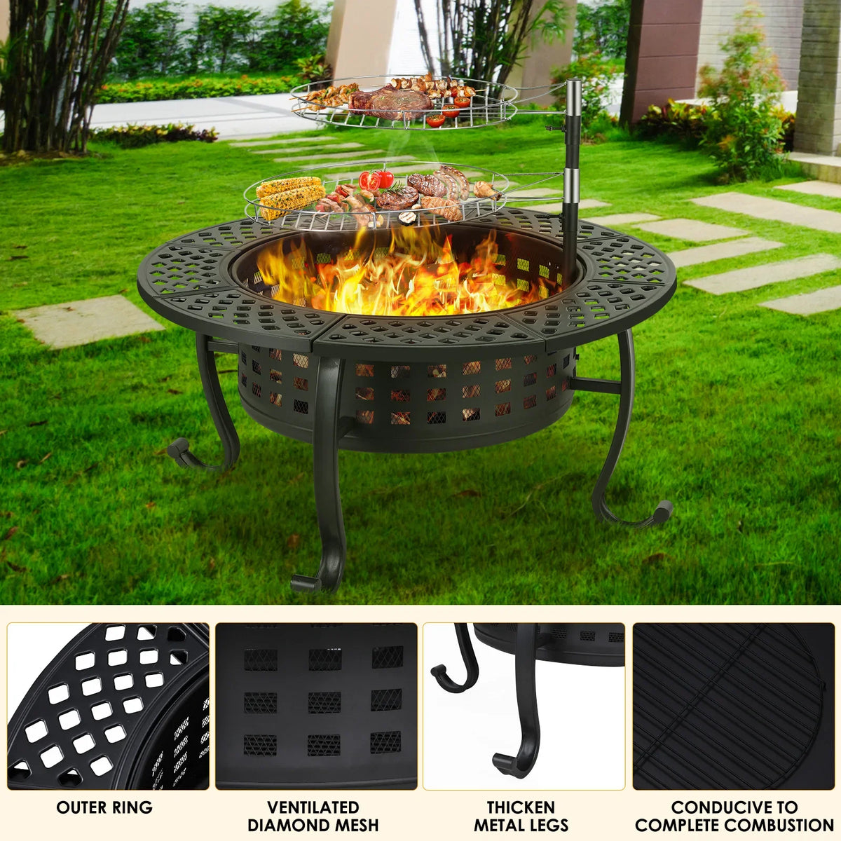 Outdoor Wood Burning Fire Pit Grill for Backyard Barbecue