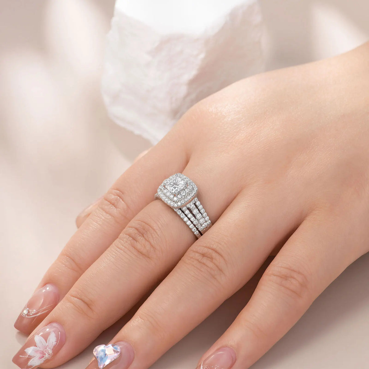 Newshe Sterling Silver Halo Wedding Ring Set Simulated Diamond