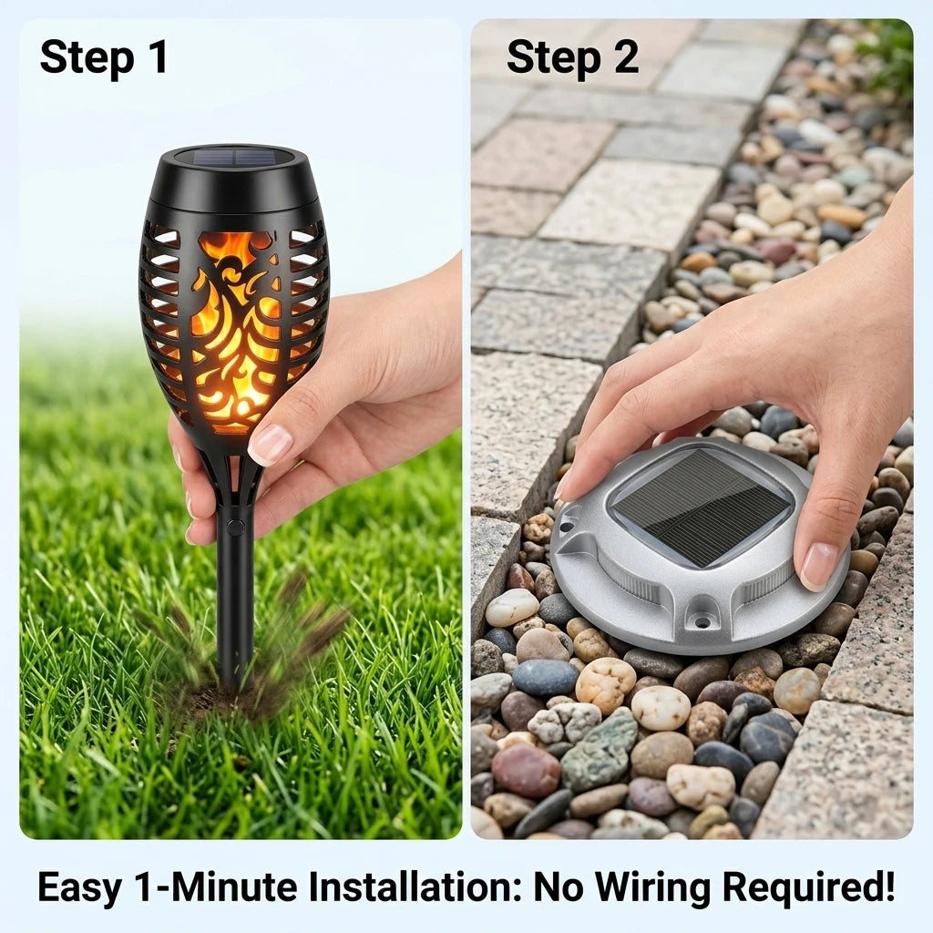 Solar Outdoor Flickering Flame Torch And Warm White Ground Lights