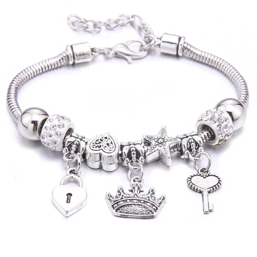 Elegant Butterfly Crown Beaded Charm Bracelet For Women
