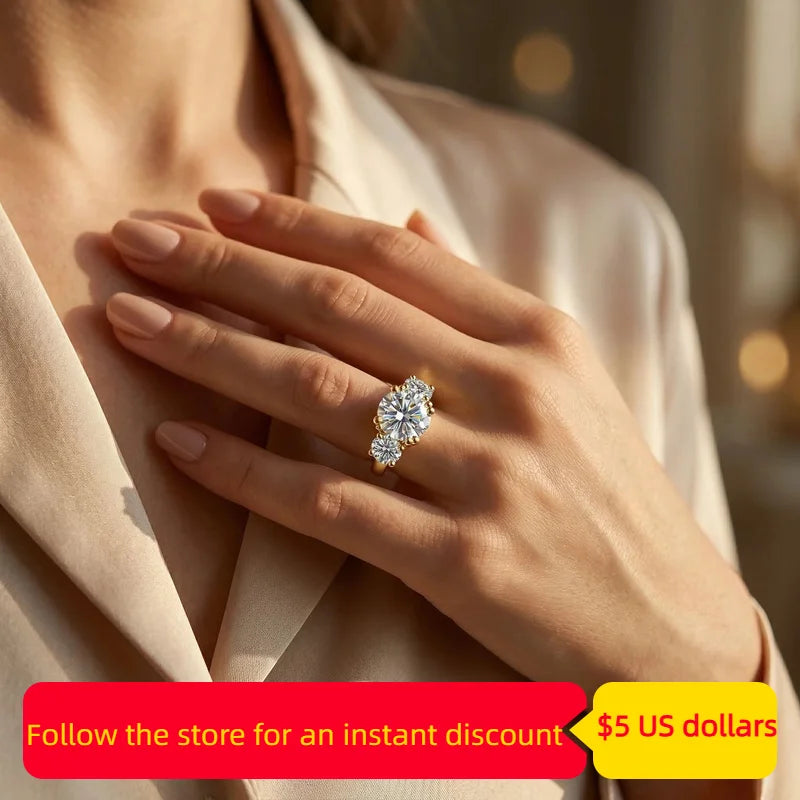 Three Stone Moissanite Sterling Silver Wedding Ring With Gold Plated Finish