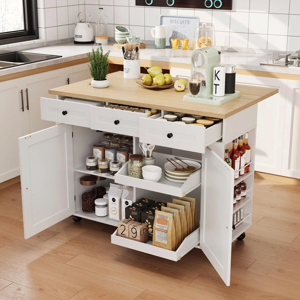 HiMISS Rolling Kitchen Island With Drop Leaf And Storage