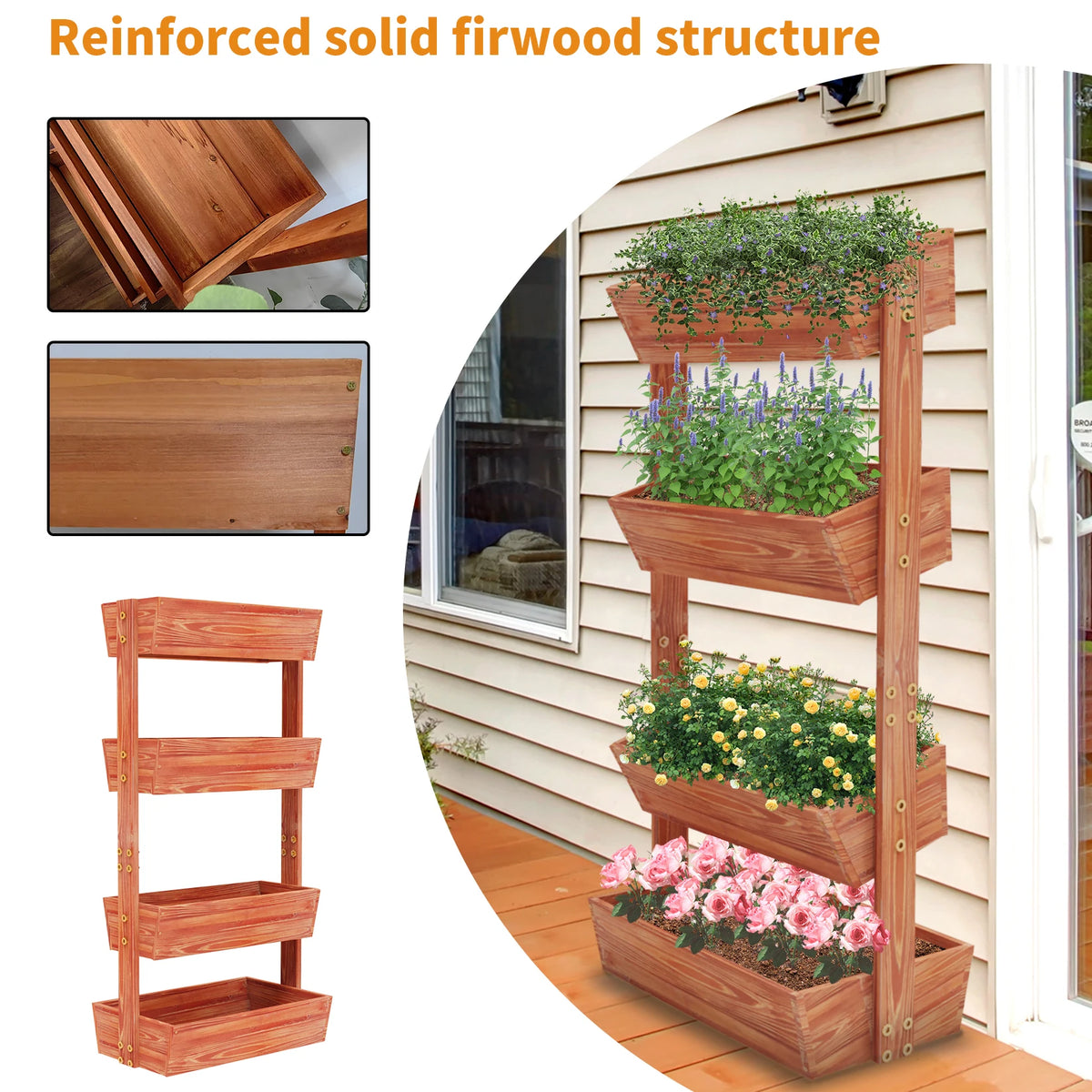 Four Tier Vertical Wooden Raised Planter Box for Outdoor Gardening