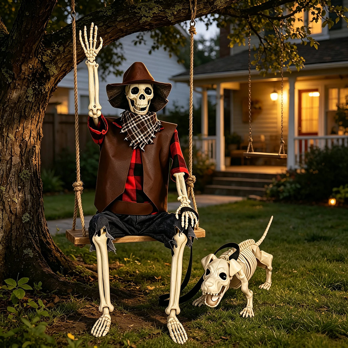 Posable Cowboy Skeleton And Dog Halloween Outdoor Decorations