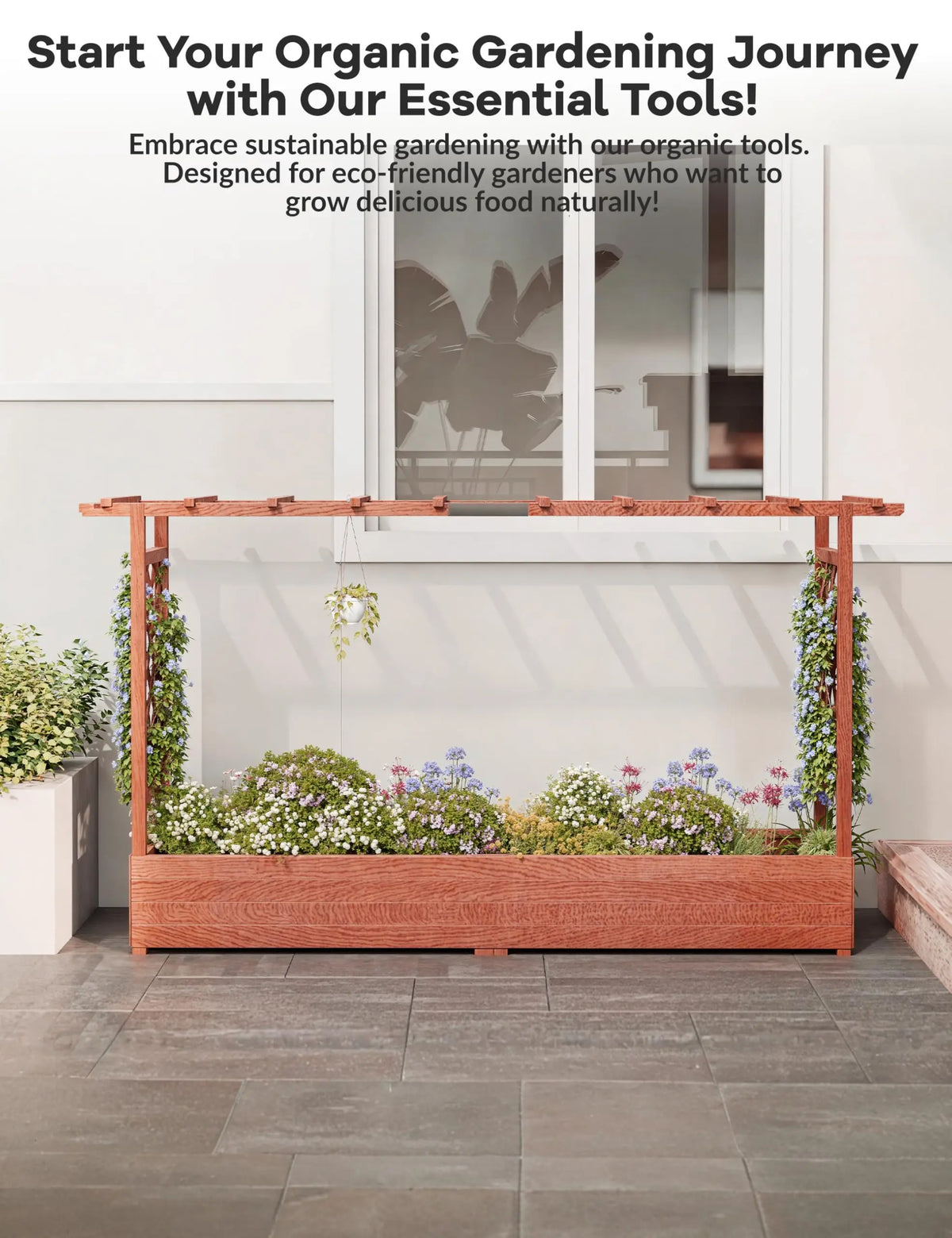 HiMISS Elevated Wooden Garden Planter With Trellis And Drainage Hole