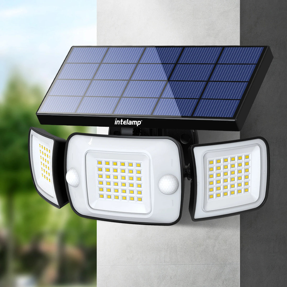 Intelamp Outdoor Solar Flood Light With Dual Motion Sensors