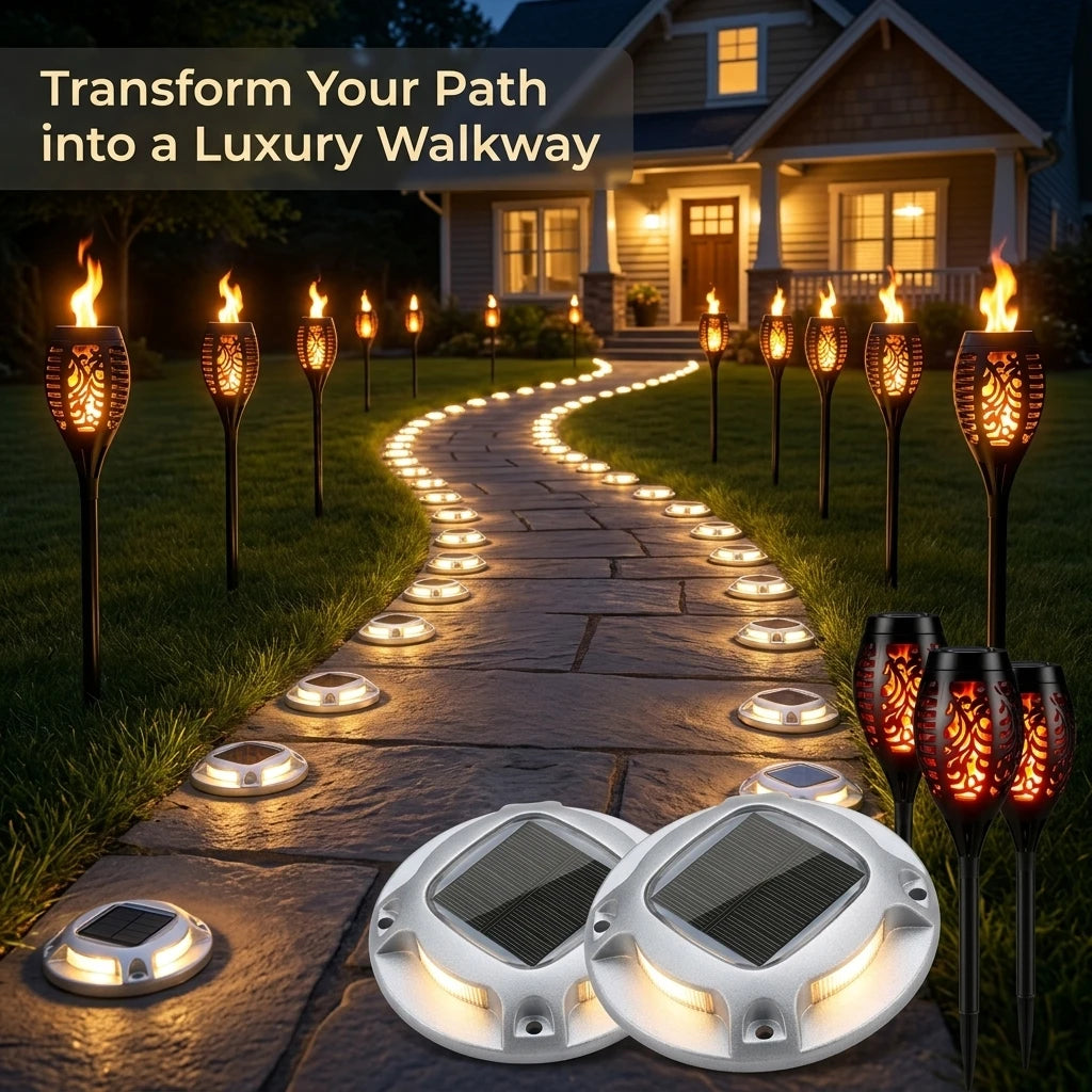 Solar Outdoor Flickering Flame Torch And Warm White Ground Lights
