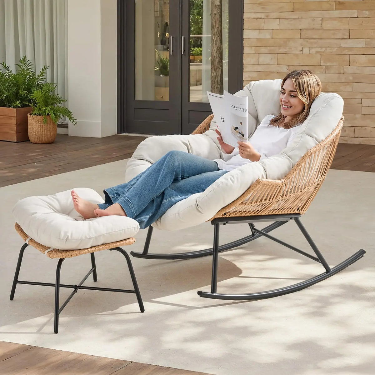 ONBRILL Rattan Papasan Rocking Chair And Ottoman Indoor Outdoor Lounge