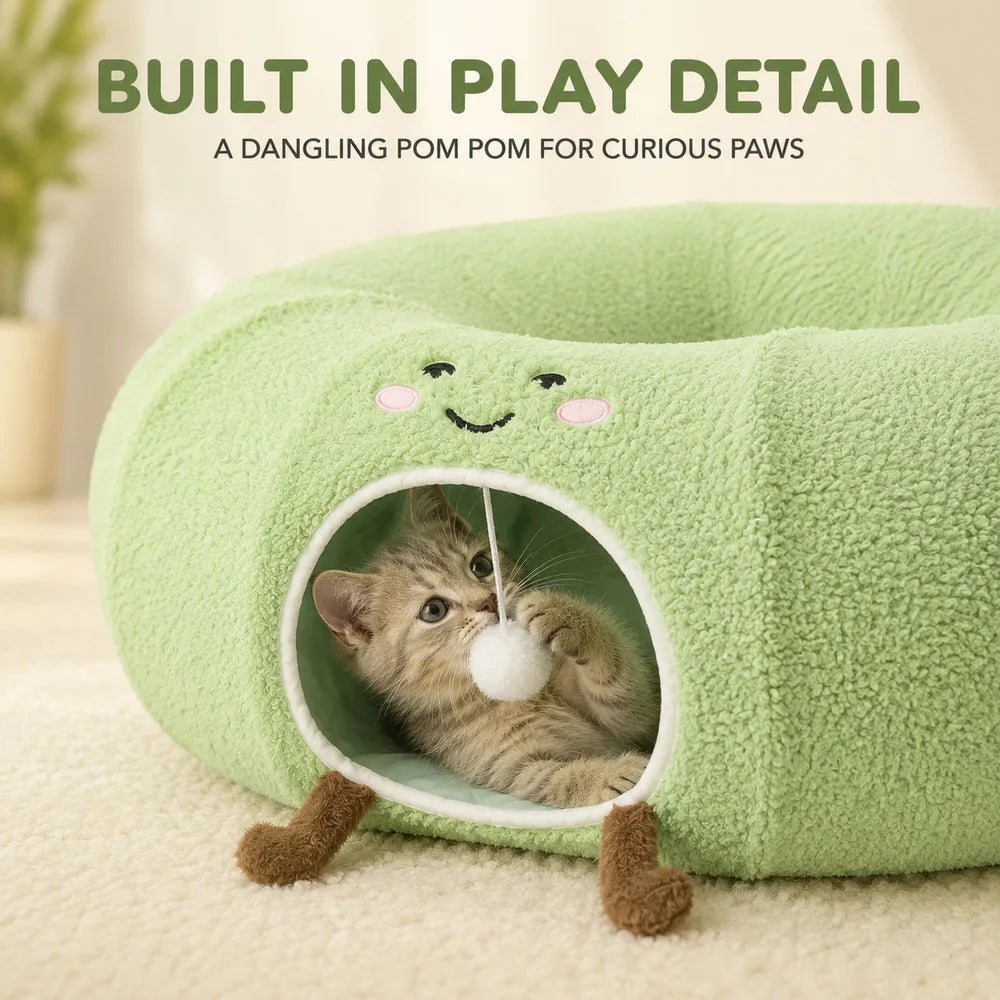 Convertible Cat Tunnel Bed With Plush Donut Cushion And Hideaway