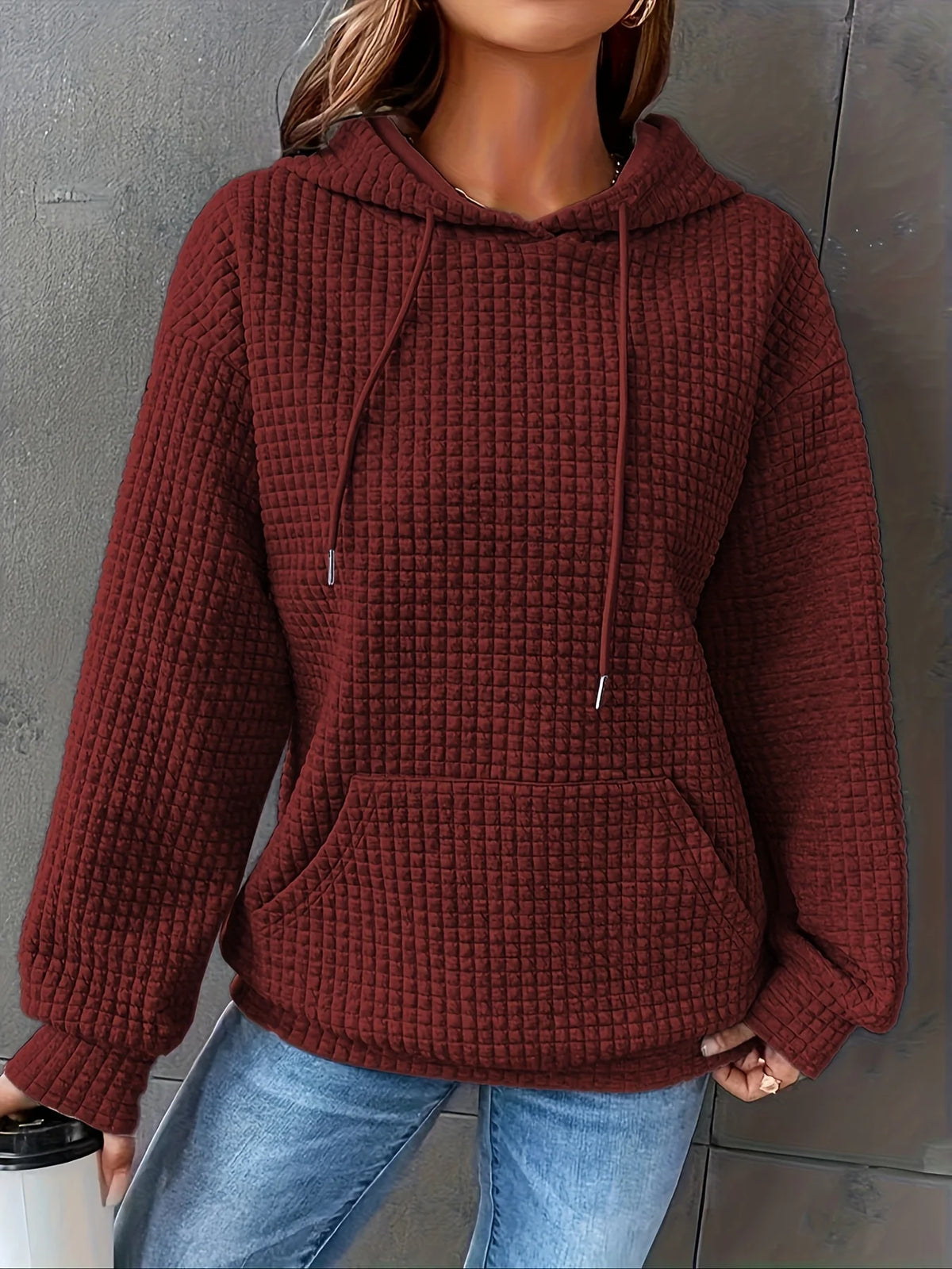 Women's Waffle Knit Pullover Hoodie With Kangaroo Pocket