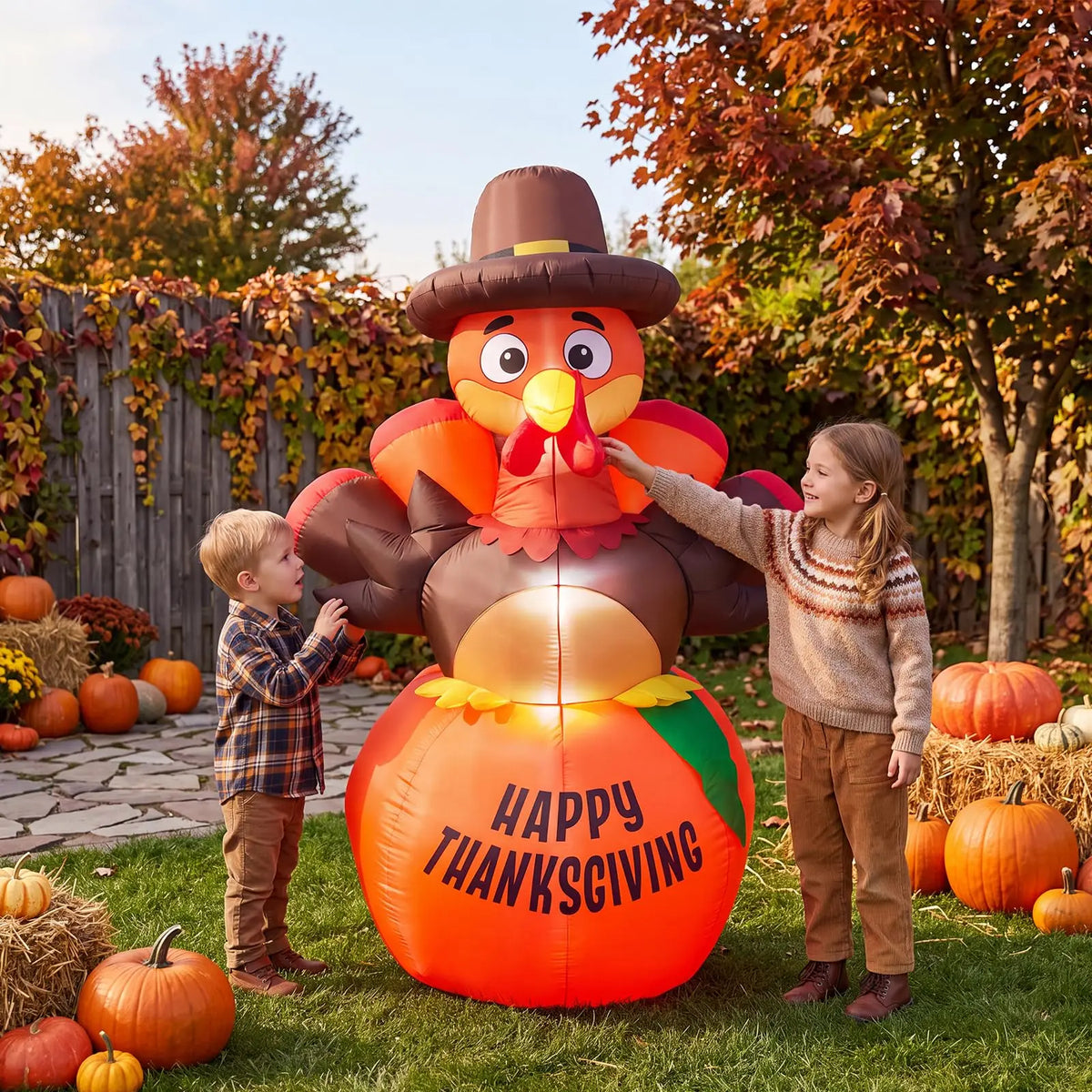 HiMISS Lighted Pumpkin Turkey Inflatable Thanksgiving Outdoor Yard Decoration