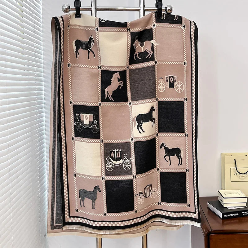 Women's Horse Print Winter Poncho Scarf Shawl Wrap for Outdoor Wear