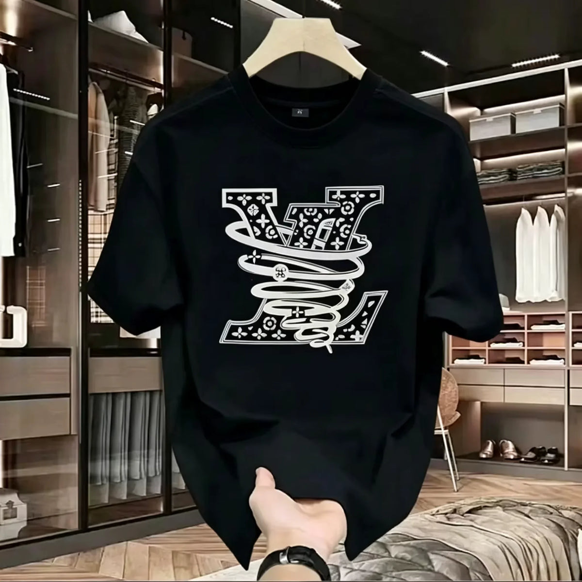 Mens Pure Cotton Letter Print Short Sleeve Streetwear T Shirt