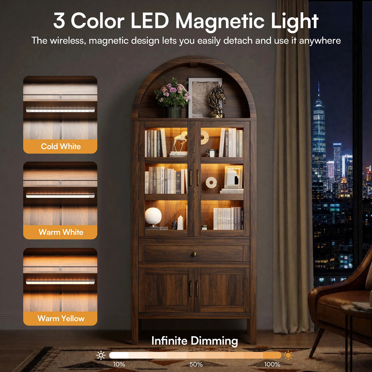 Cottinch Arched Storage Cabinet With Adjustable Shelves And LED Lighting