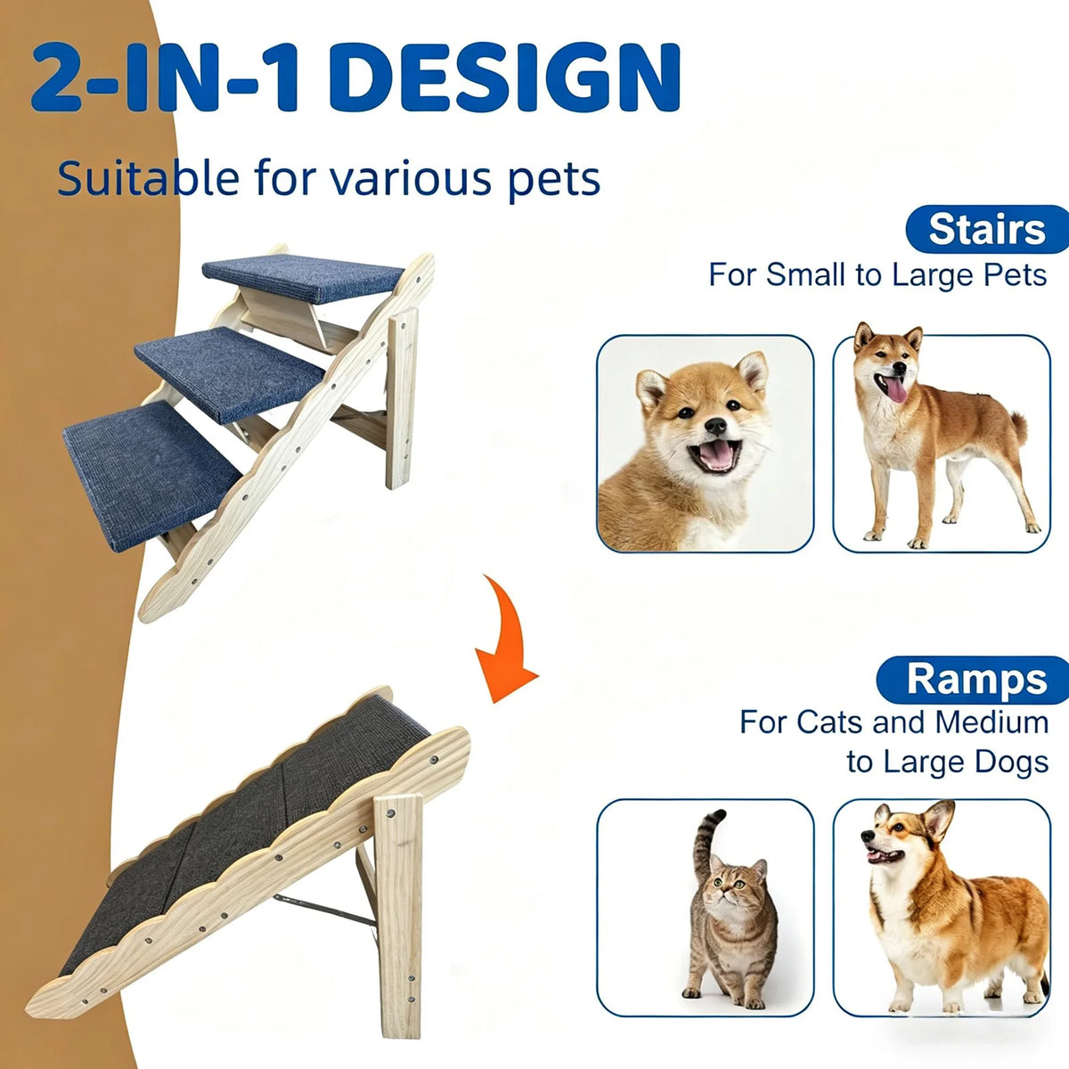 HiMISS 2-in-1 Wooden Pet Stairs and Folding Dog Ramp