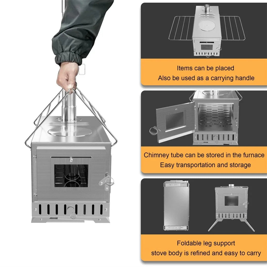 Portable Wood Burning Tent Stove With Chimney Pipes For Heating and Cooking