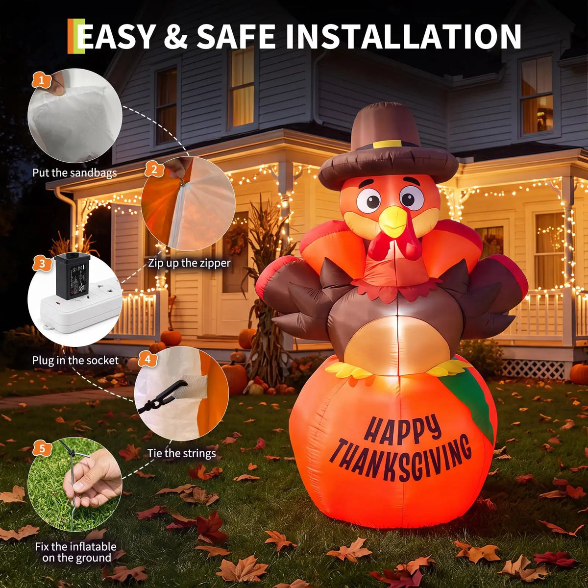 HiMISS Lighted Pumpkin Turkey Inflatable Thanksgiving Outdoor Yard Decoration