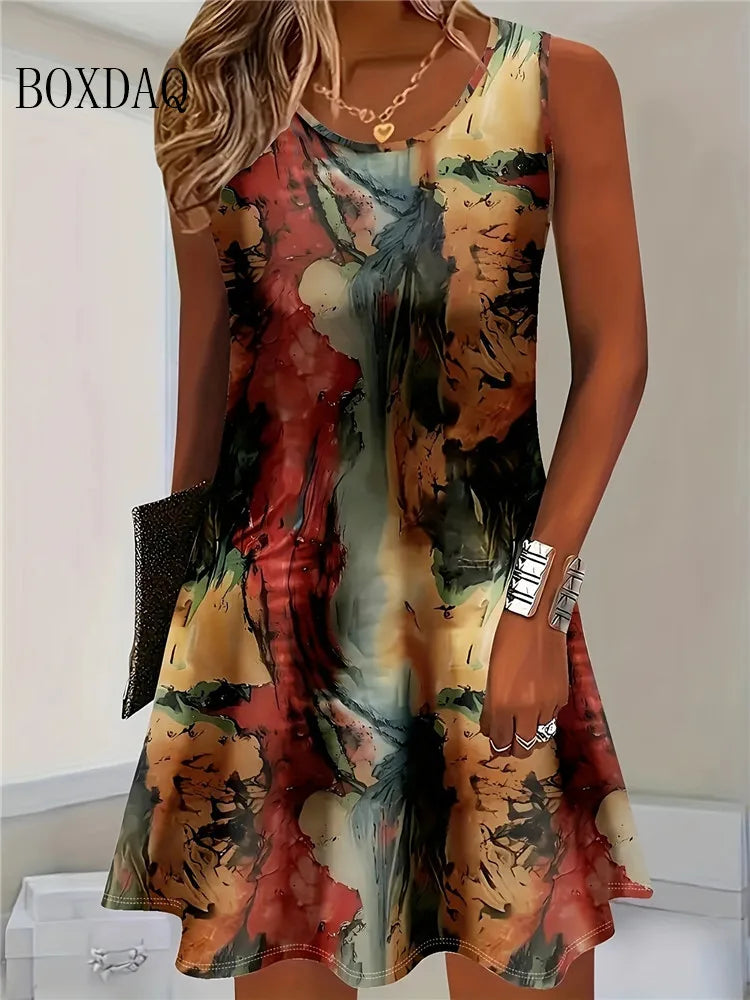 Women Casual Sleeveless Bohemian Floral Print Vest Dress