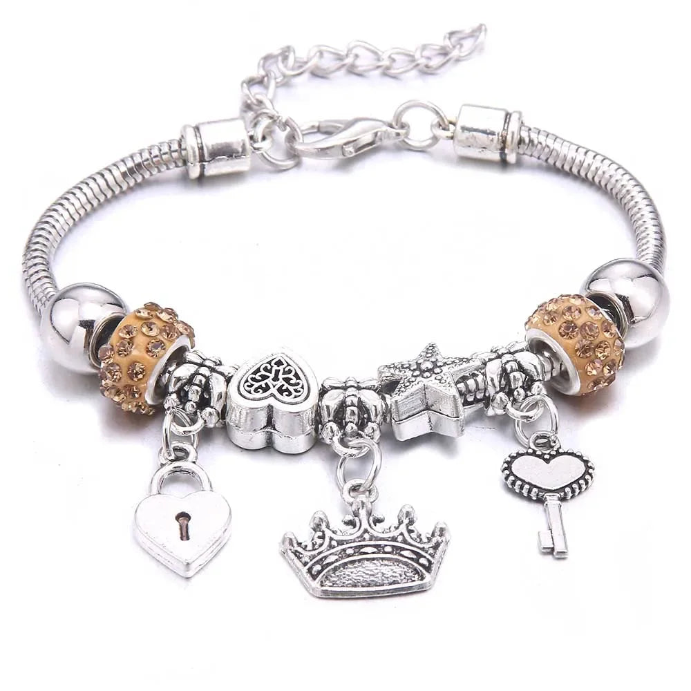 Elegant Butterfly Crown Beaded Charm Bracelet For Women