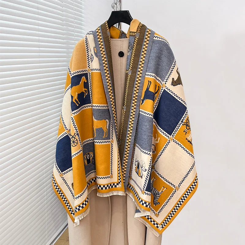 Women's Horse Print Winter Poncho Scarf Shawl Wrap for Outdoor Wear