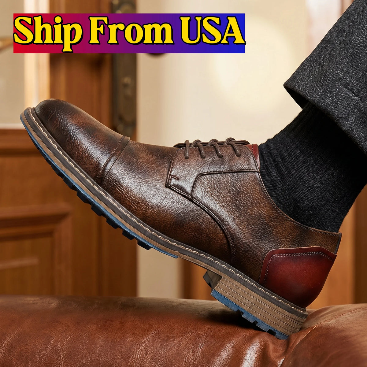 Hecrafted Mens Retro Leather Cap Toe Oxford Lace Up Shoes