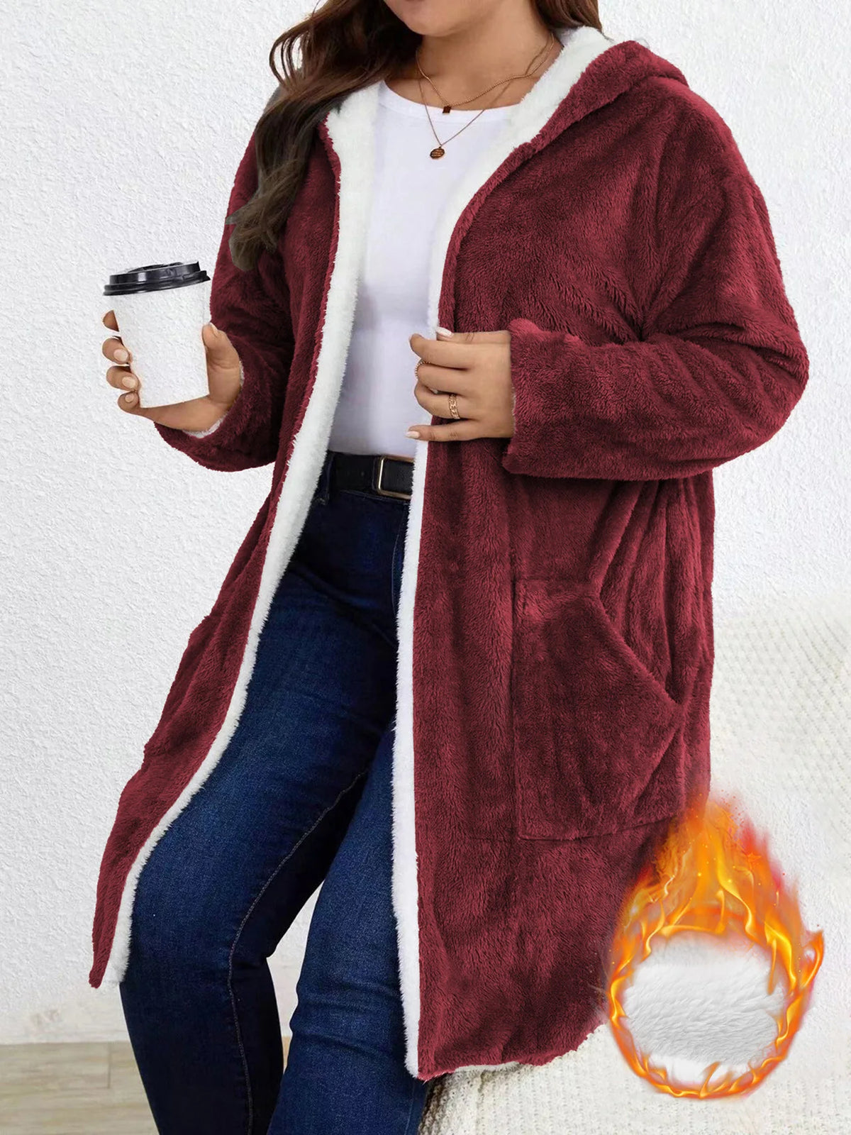 Womens Fleece Lined Hooded Sherpa Trim Open Cardigan Coat