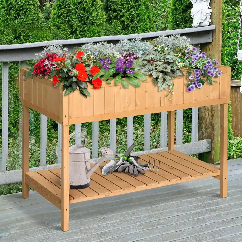 Wooden Raised Garden Bed With Eight Pockets And Shelf