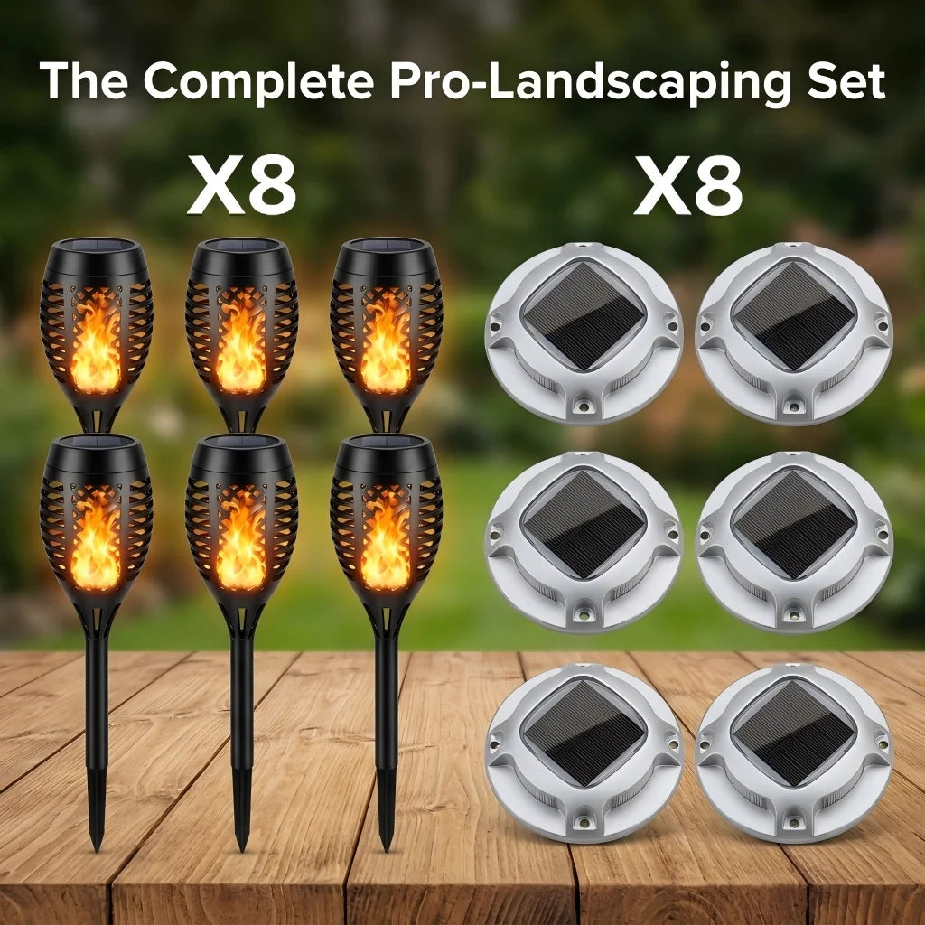 Solar Outdoor Flickering Flame Torch And Warm White Ground Lights