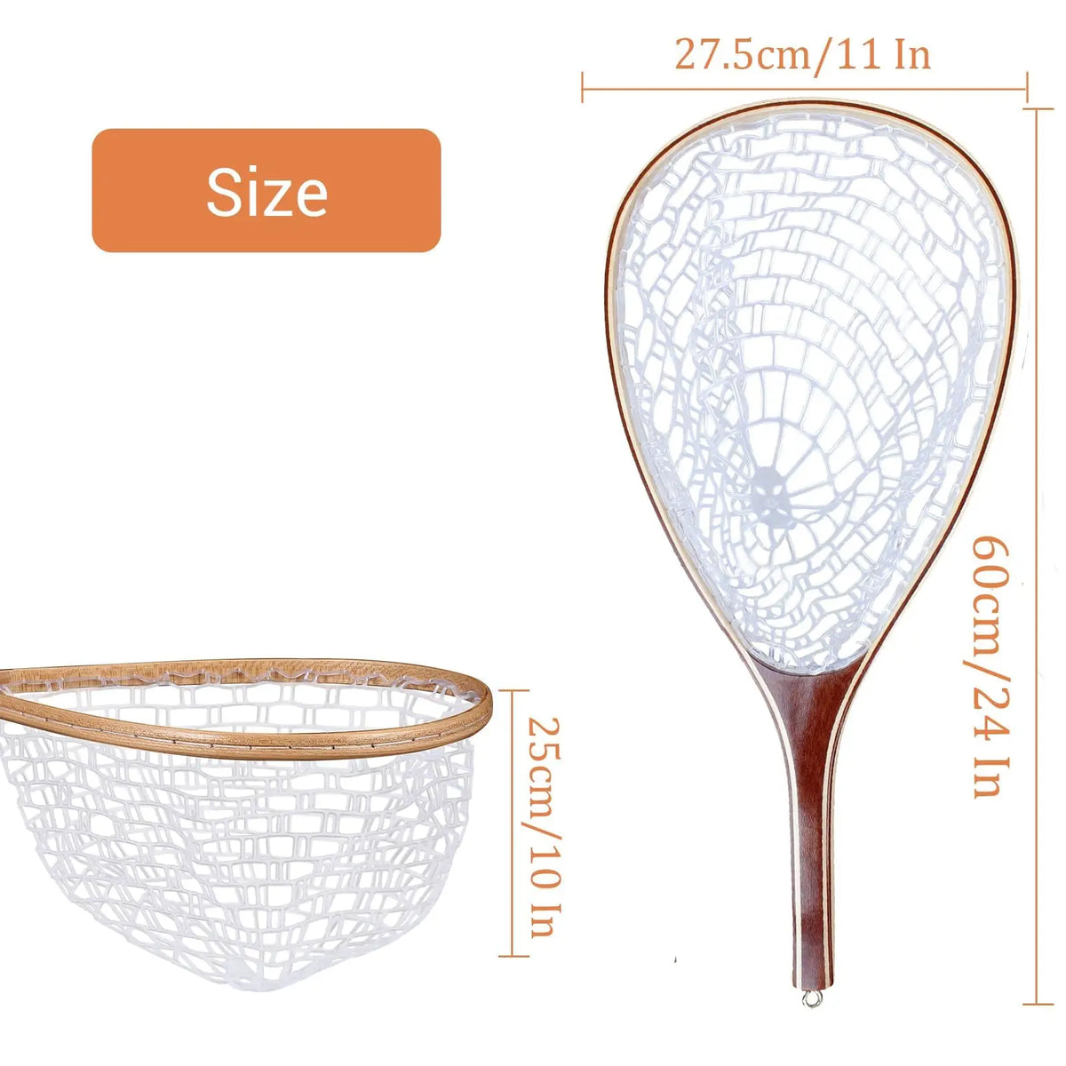 Wooden Frame Fly Fishing Landing Net With Knotless Rubber Mesh