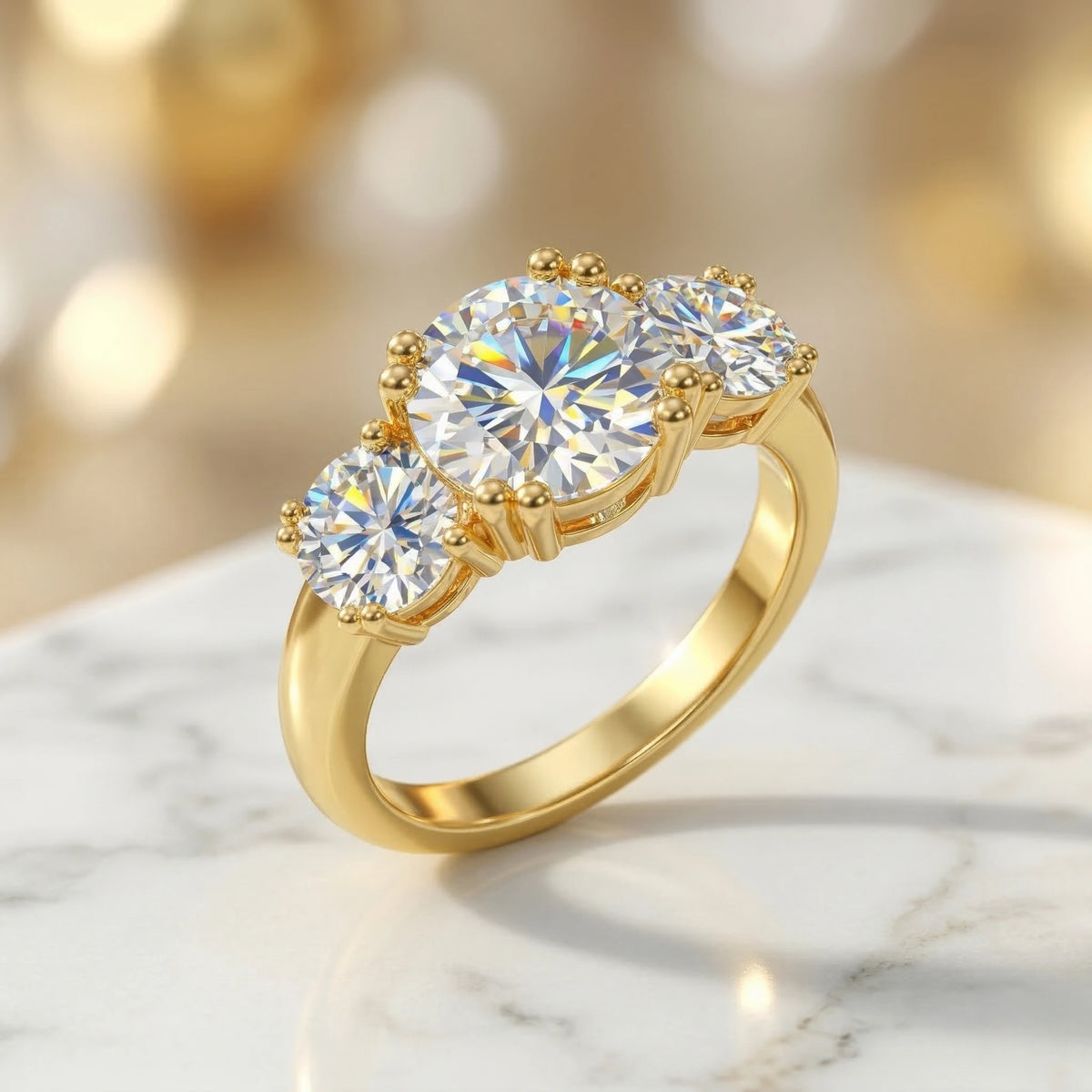 Three Stone Moissanite Sterling Silver Wedding Ring With Gold Plated Finish