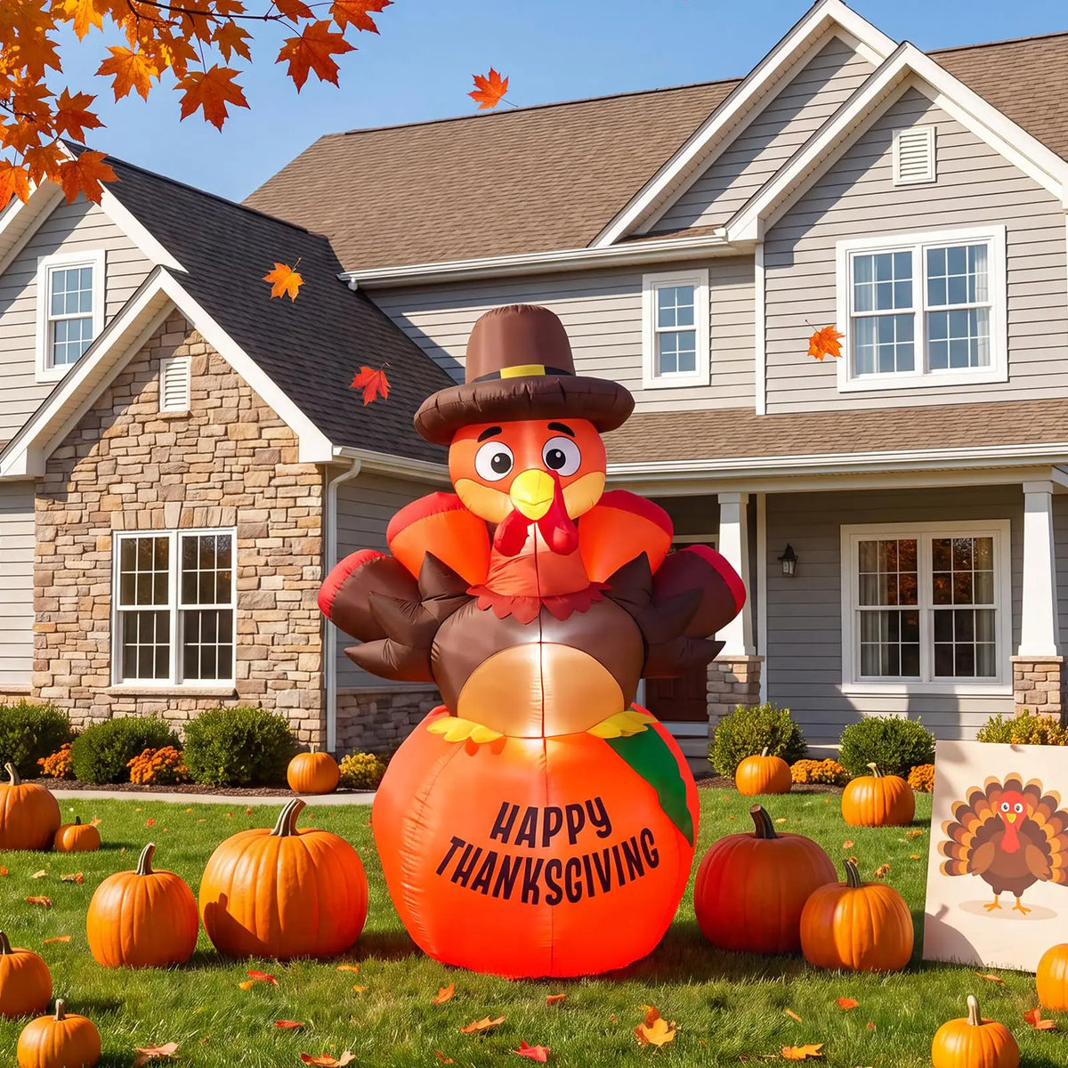 HiMISS Lighted Pumpkin Turkey Inflatable Thanksgiving Outdoor Yard Decoration